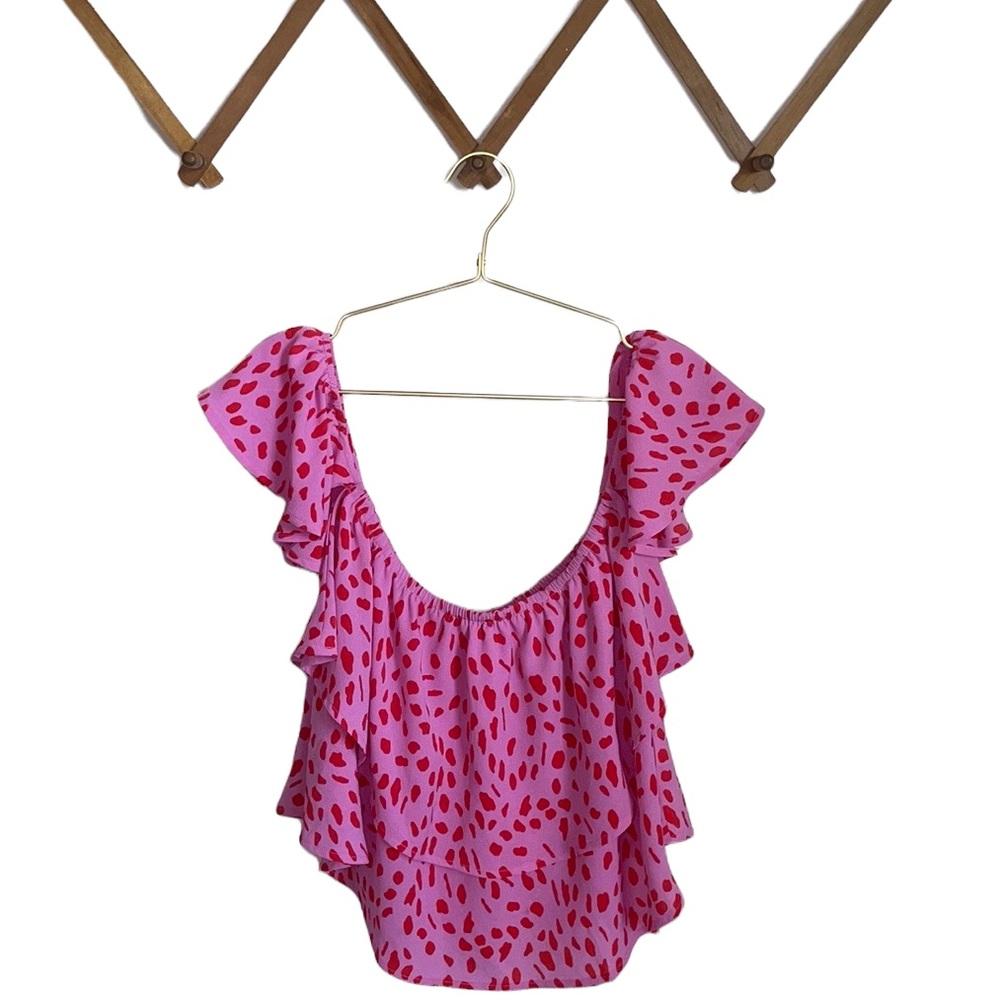 Buddy Love Pink and Red Cheetah Print Ruffle Off-the Shoulder Crop Top (Small)